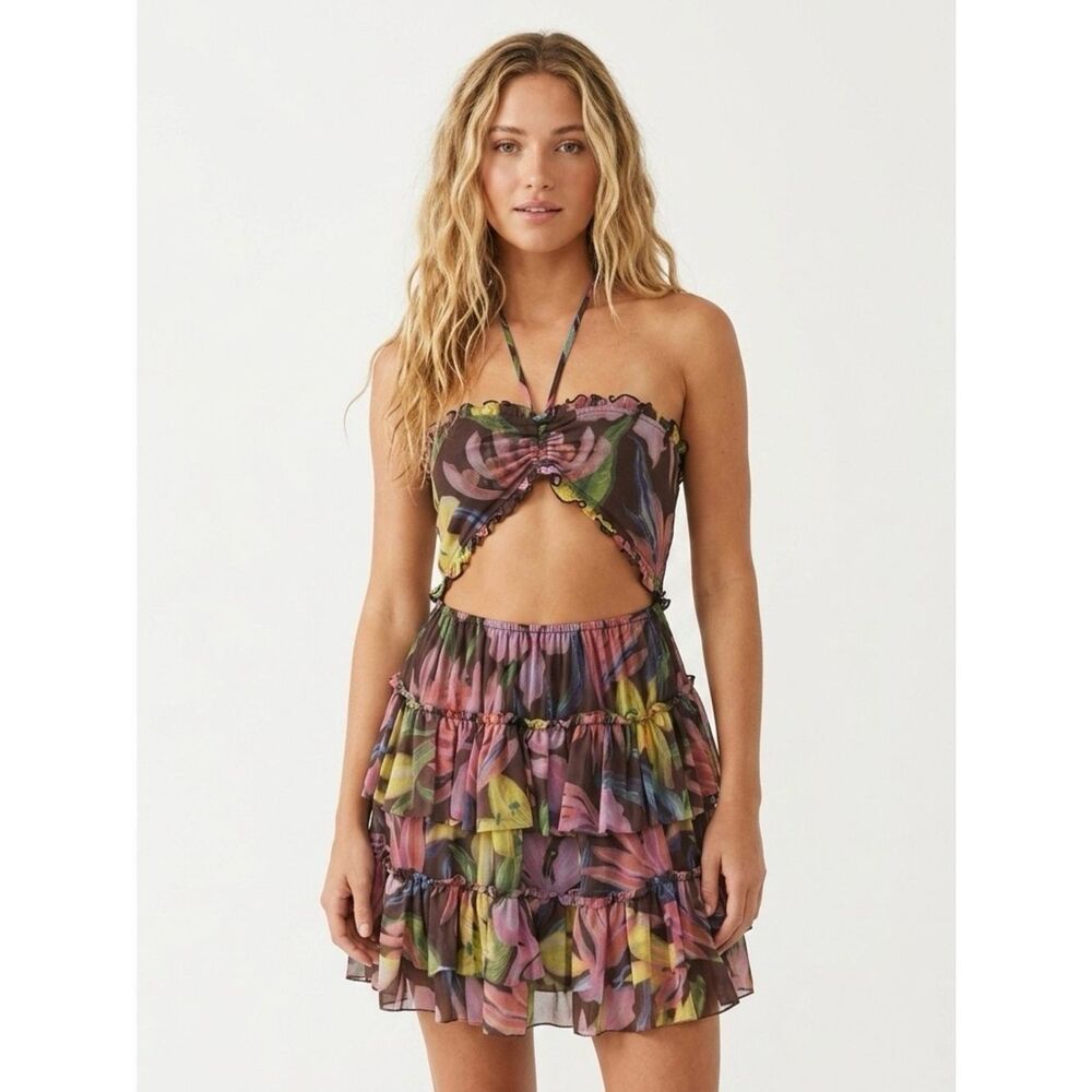Nwt Rococo Sand Chris Mini Dress Medium Tropical Floral Cutout Ruffle Revolve